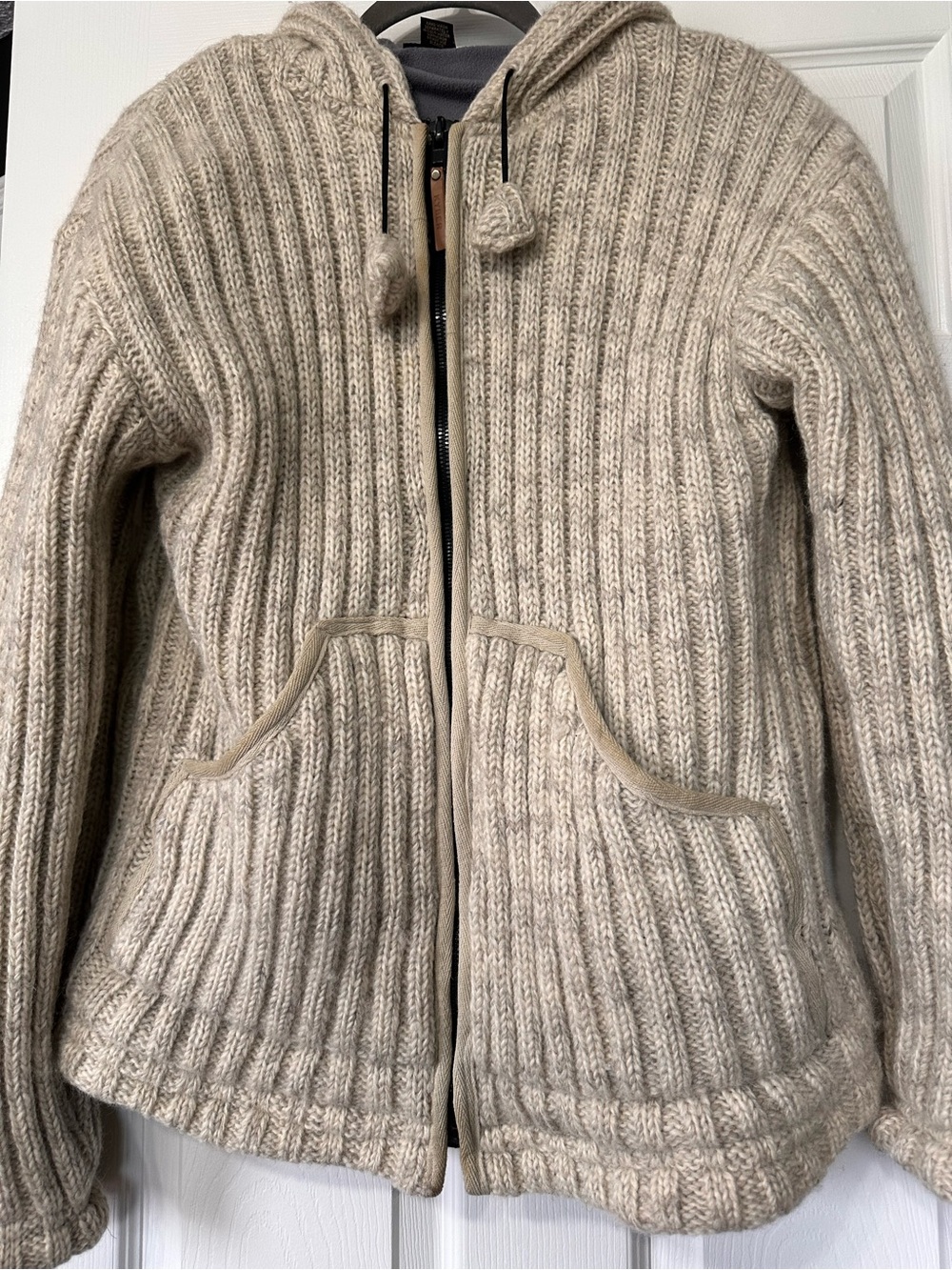 Ribbed Zip-Up Hooded Sweater Jacket in Heathers Beige
